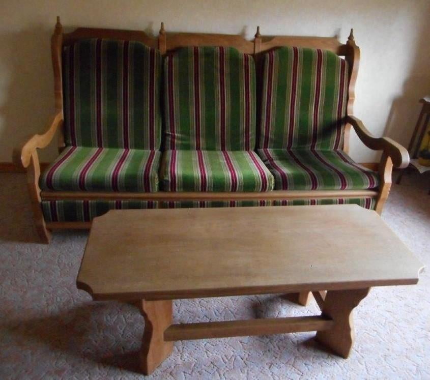 Retro eiken salon (1 driezit en 2 eenzits) met eiken tafel, Ophalen, Gebruikt, Klassiek, Rechte bank