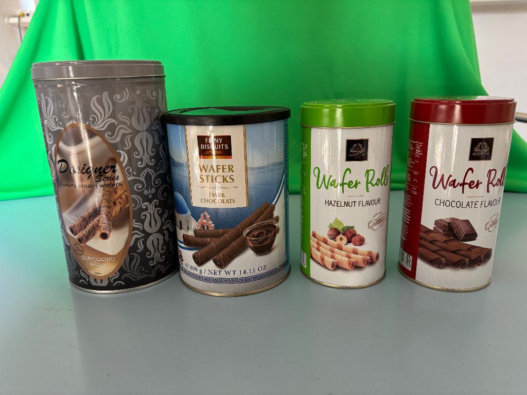 Vier koekblikken busmodel verschillende merken wafer wafel, Verzamelen, Ophalen of Verzenden, Zo goed als nieuw, Koek(jes)