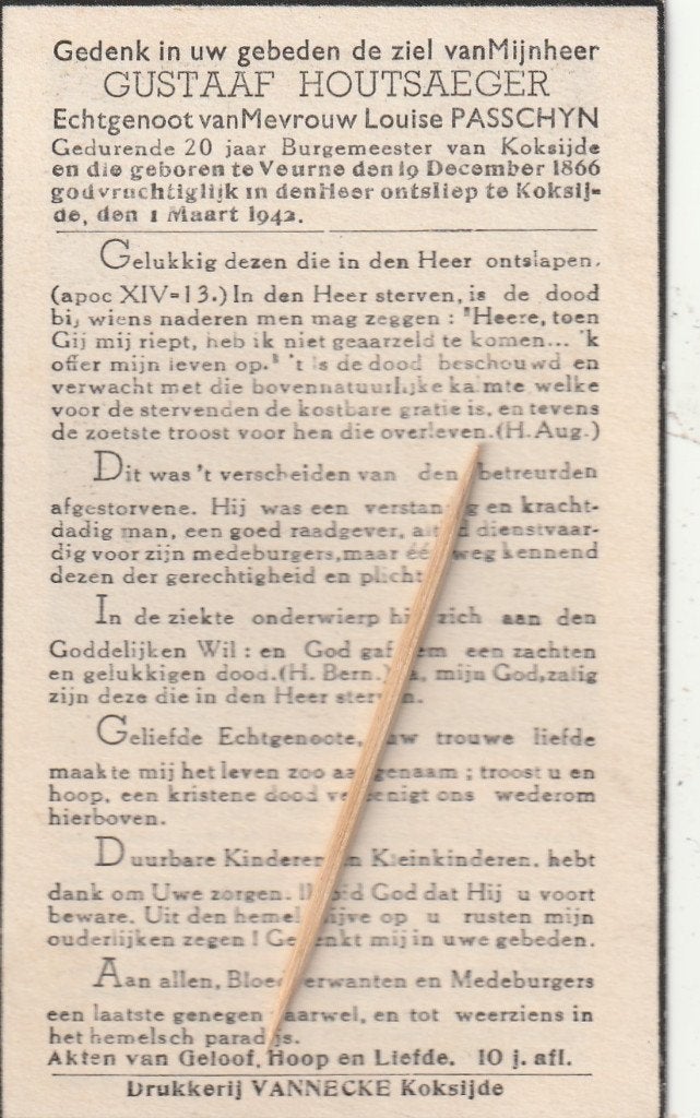Burgemeester Koksijde, Verzamelen, Ophalen of Verzenden, Bidprentje