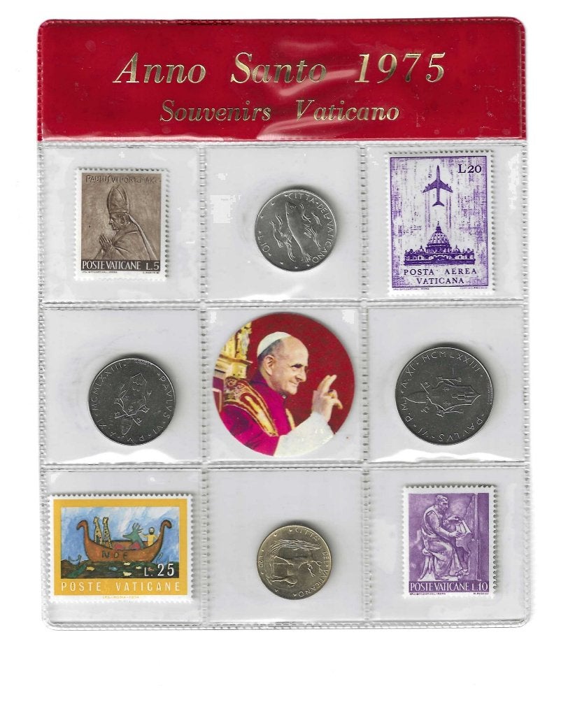Vaticaan, souvenirset 1975. Munten en postzegels., Ophalen of Verzenden, Setje