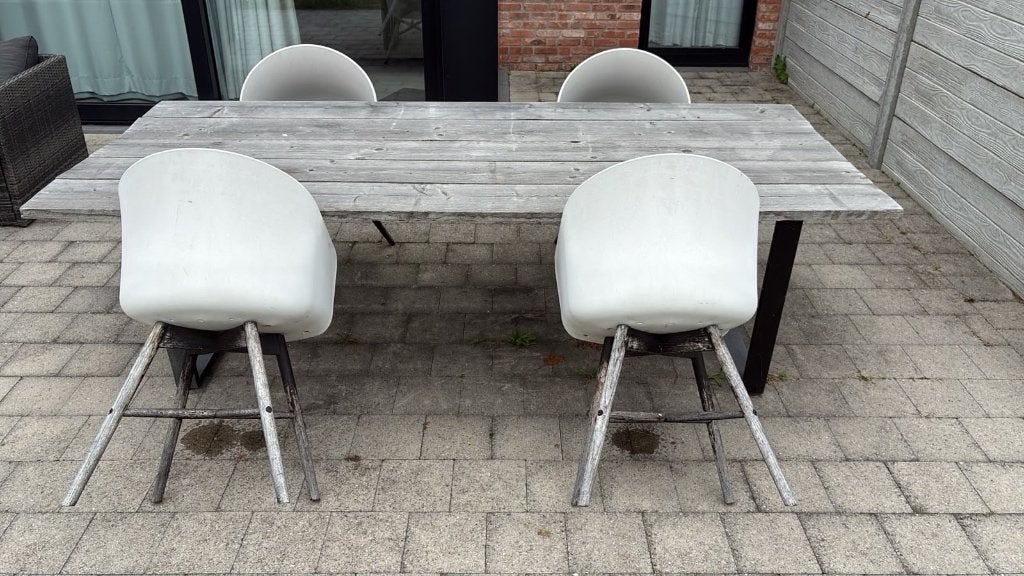 Houten tuinset – tafel + 4 stoelen, Tuin en Terras, Ophalen, 4 zitplaatsen, Gebruikt, Eettafel