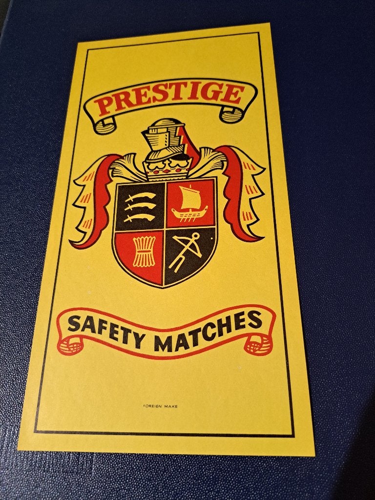 Mint antiek kistetiket "Prestige Safety Matches" 1930/1940, Verzamelen, Ophalen of Verzenden, Zo goed als nieuw, Reclamebord