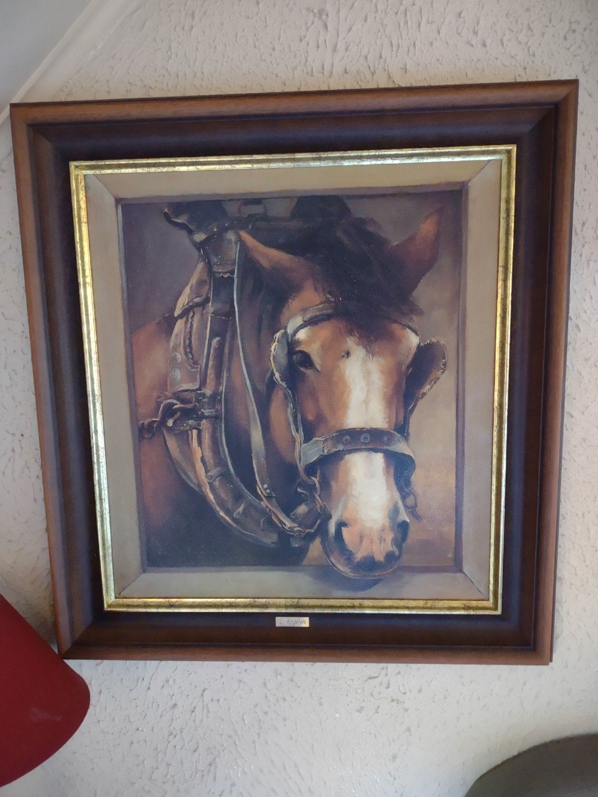 Klassiek schilderij van paard met tuig - Leon Engelen, Antiek en Kunst, Kunst | Schilderijen | Klassiek, Ophalen, Klassiek, Ingelijst