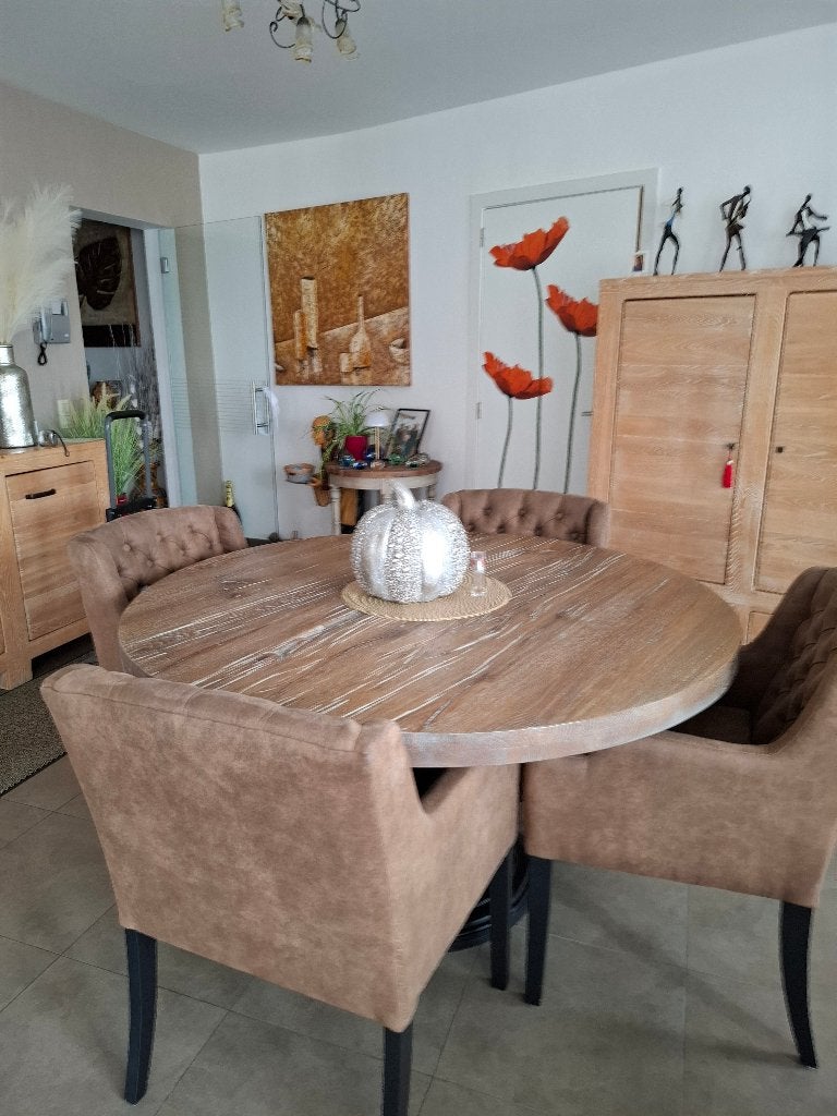 4 landelijke stoelen taupe+dressoir en barkast, Huis en Inrichting, Stoelen, Ophalen, Hout, Bruin, Zo goed als nieuw