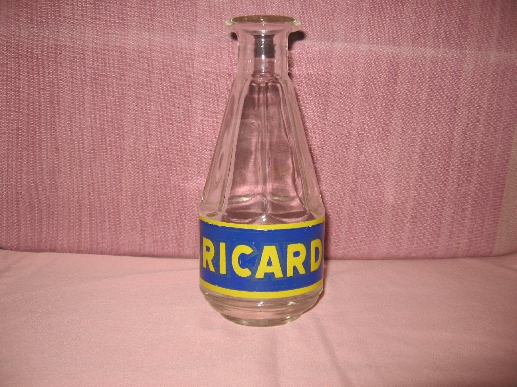 Ricard glazen karaf rond oud blauw-geel., Verzamelen, Ophalen of Verzenden, Gebruikt, Gebruiksvoorwerp