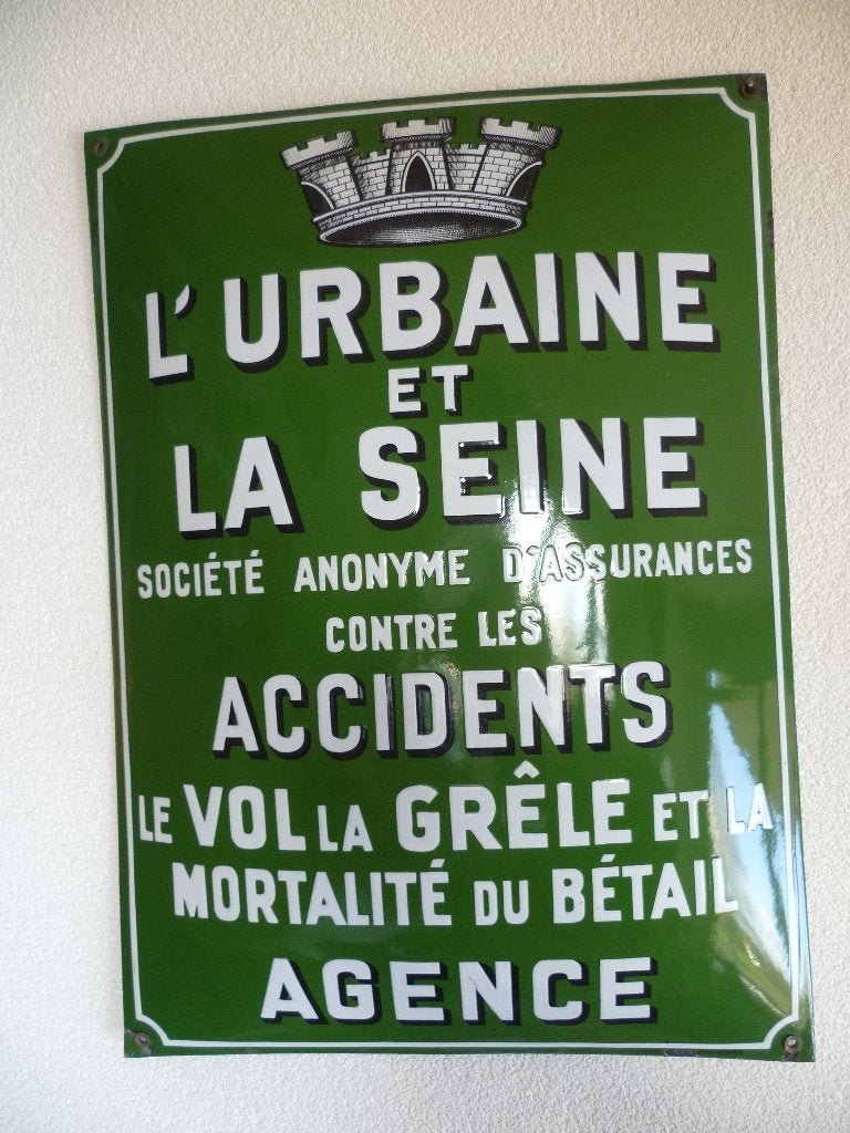 EMAILLE RECLAMEBORD"'L'UIRBAINE ET SEINE AGENCE"UIT JAREN 30, Ophalen of Verzenden, Zo goed als nieuw, Reclamebord