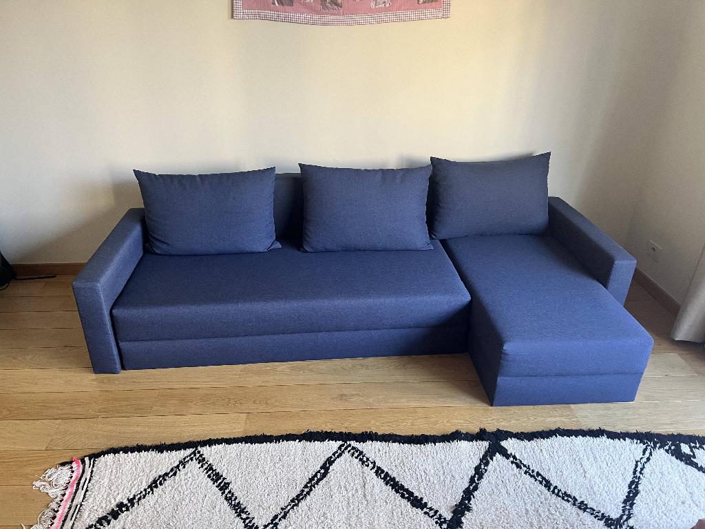 Blauwe bank, Ophalen, 100 tot 125 cm, Hoekbank, Driepersoons