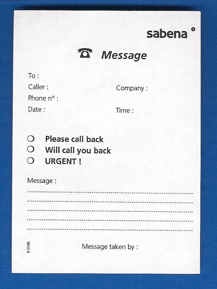 Sabena Document #040 Message – Please Call Back / Urgent, Verzamelen, Ophalen of Verzenden, Nieuw