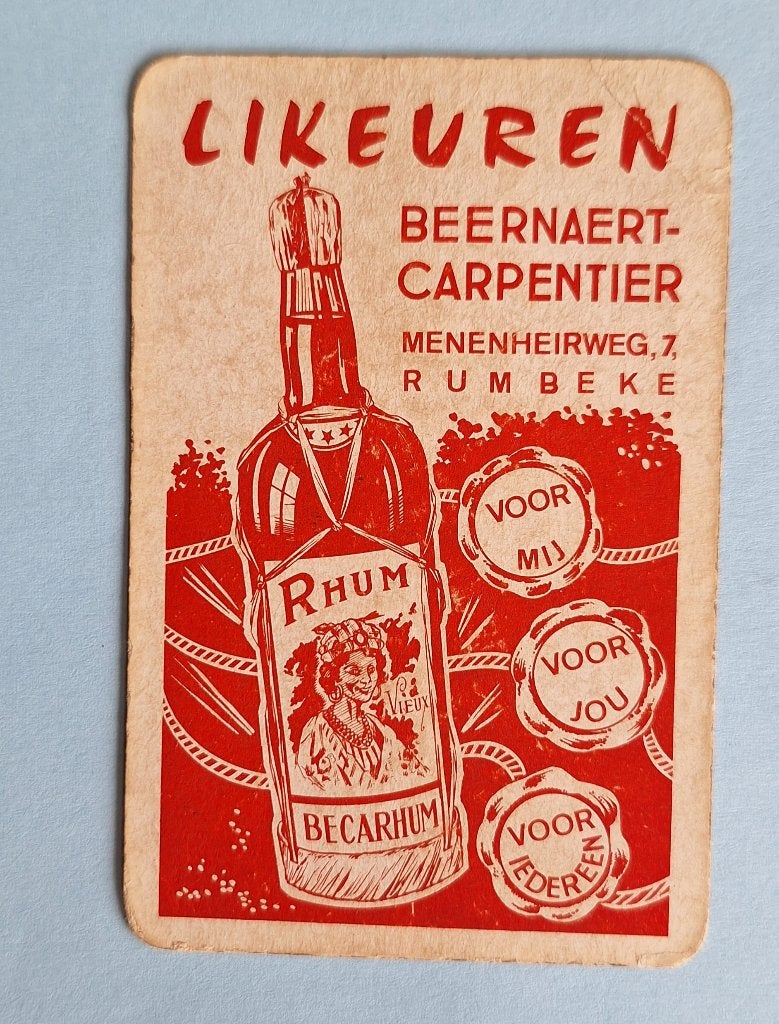 Speelkaart Rumbeke_Beernaert Carpentier likeuren 1_rood_319, Ophalen of Verzenden, Gebruikt, Speelkaart(en)