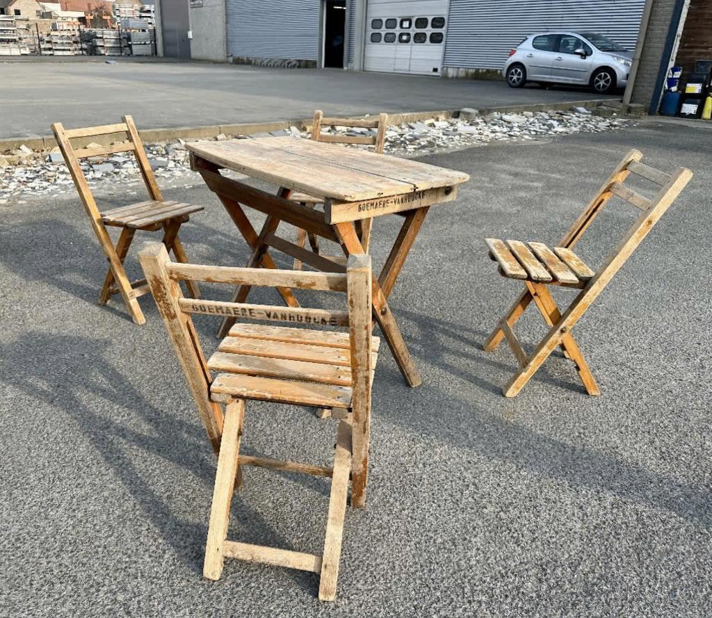 Vintage houten tuinset - tuintafel + inklapbare stoelen, Ophalen, Gebruikt, Rechthoekig, Hout