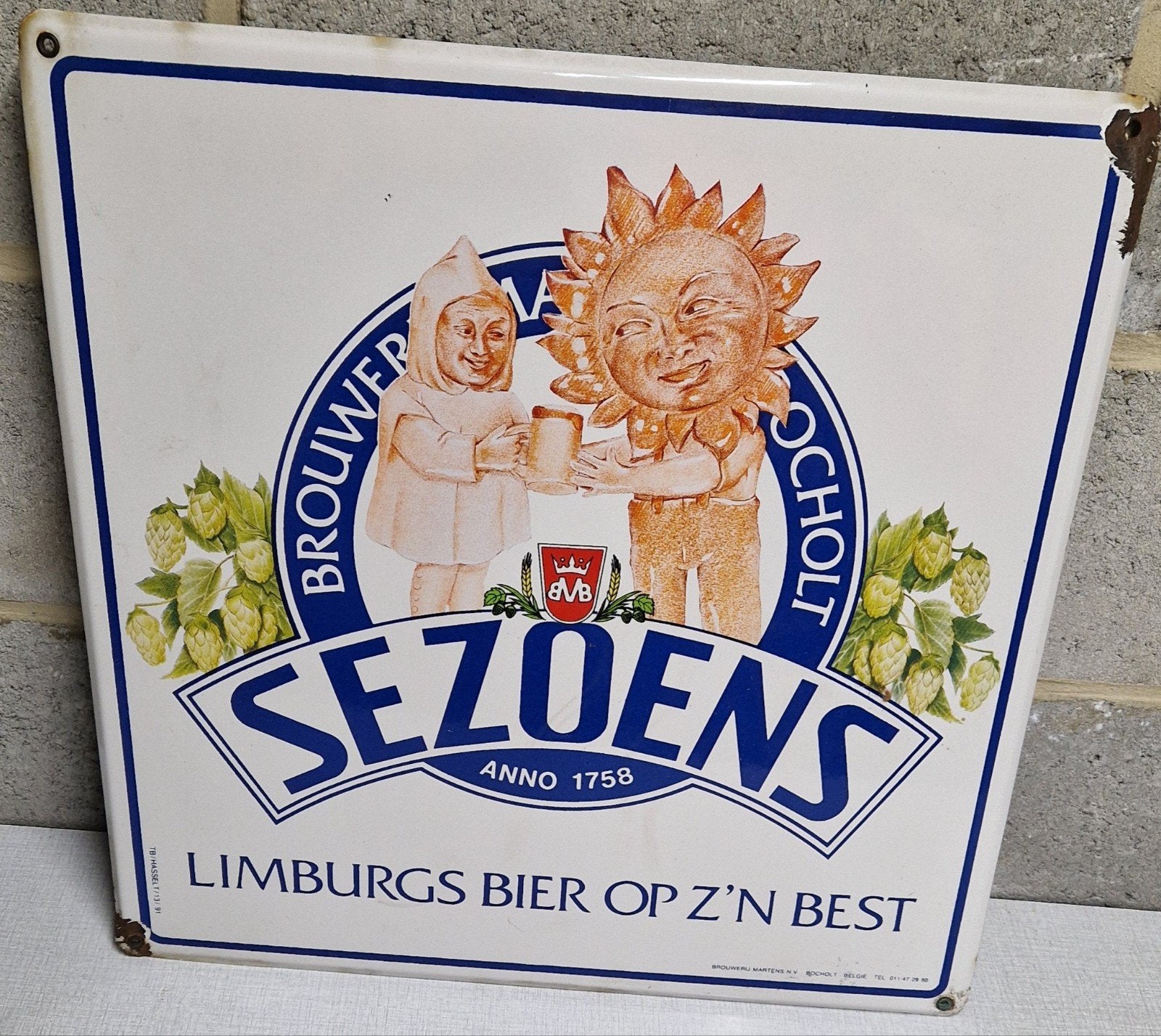 Vintage emaille reclamebord Sezoens, Verzamelen, Merken en Reclamevoorwerpen, Ophalen of Verzenden, Zo goed als nieuw, Reclamebord