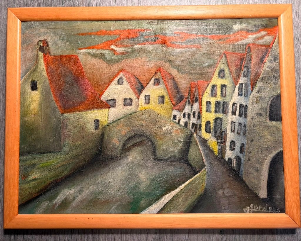 Authentiek Vintage Expressionistisch Schilderij (Rode Lucht), Ophalen