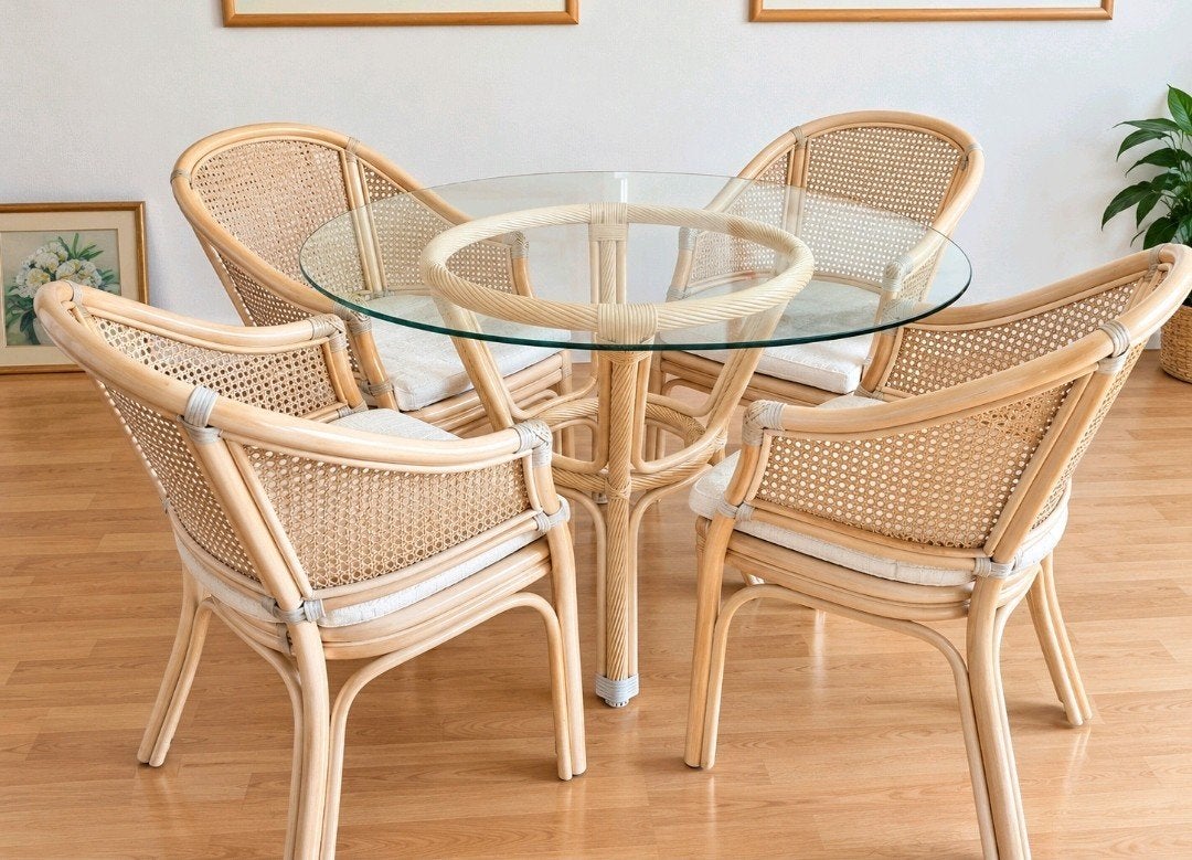 Boho Chic Rotan Eetkamerset | Ronde Glazen Tafel + 4 Kuipsto, Tuin en Terras, Ophalen, Rotan, Eettafel