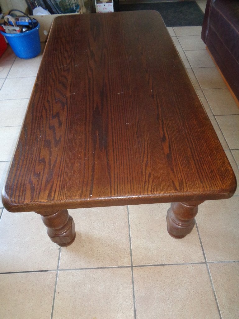 Massief eiken salontafel 1 m 40 x 67 x 46 cm, Ophalen, 100 tot 150 cm, Eikenhout, 50 tot 100 cm