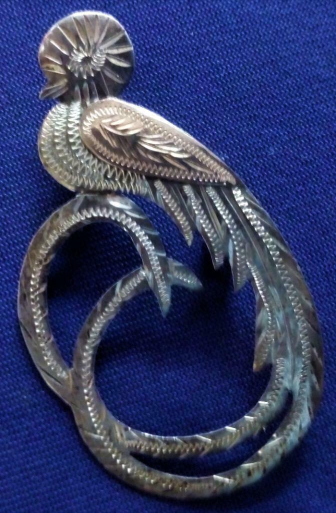 Broche en argent au motif du Guetzal oiseau du Guatemala, Ophalen, 4 tot 7 cm, Zo goed als nieuw, Zilver