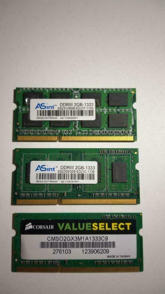 Laptopgeheugen DDR3 6GB 1333Mhz (3 x 2GB), Gebruikt, Ophalen of Verzenden, DDR2, 2 GB