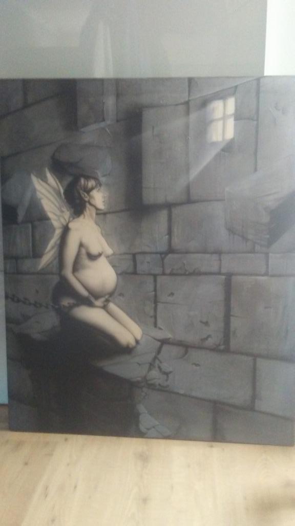 redelijk groot schilderij op doek kleine schade zie fotos, Ophalen of Verzenden