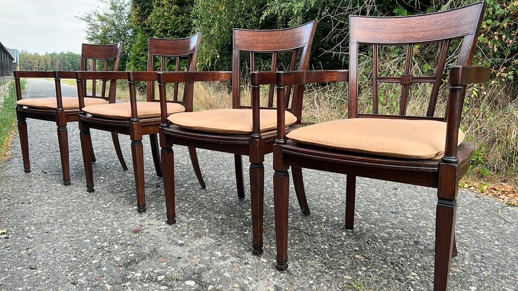 4 RAC eetkamer armstoelen, Huis en Inrichting, Stoelen, Zo goed als nieuw, Vier, Hout, Stof, Bruin, Ophalen
