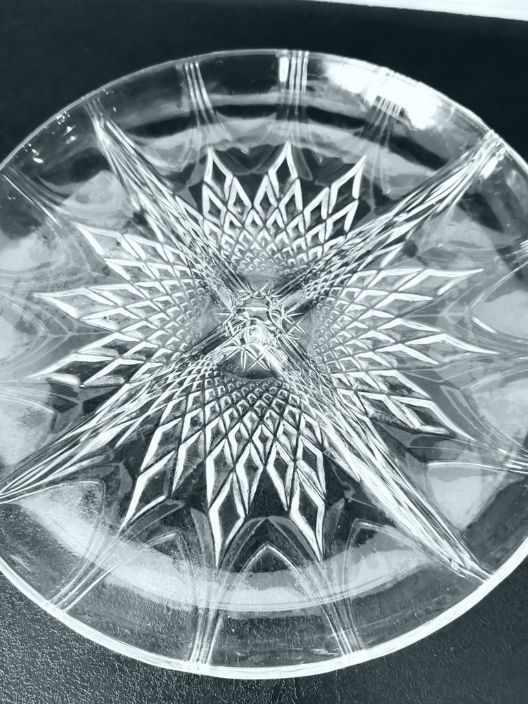 Vintage schaal van gebeiteld glas met 4 compartimenten, Antiek en Kunst, Ophalen of Verzenden