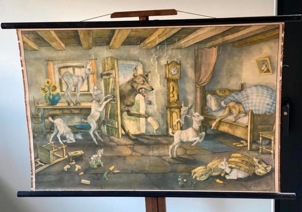 Antieke schoolkaart de wolf en de zeven geitjes, Ophalen of Verzenden