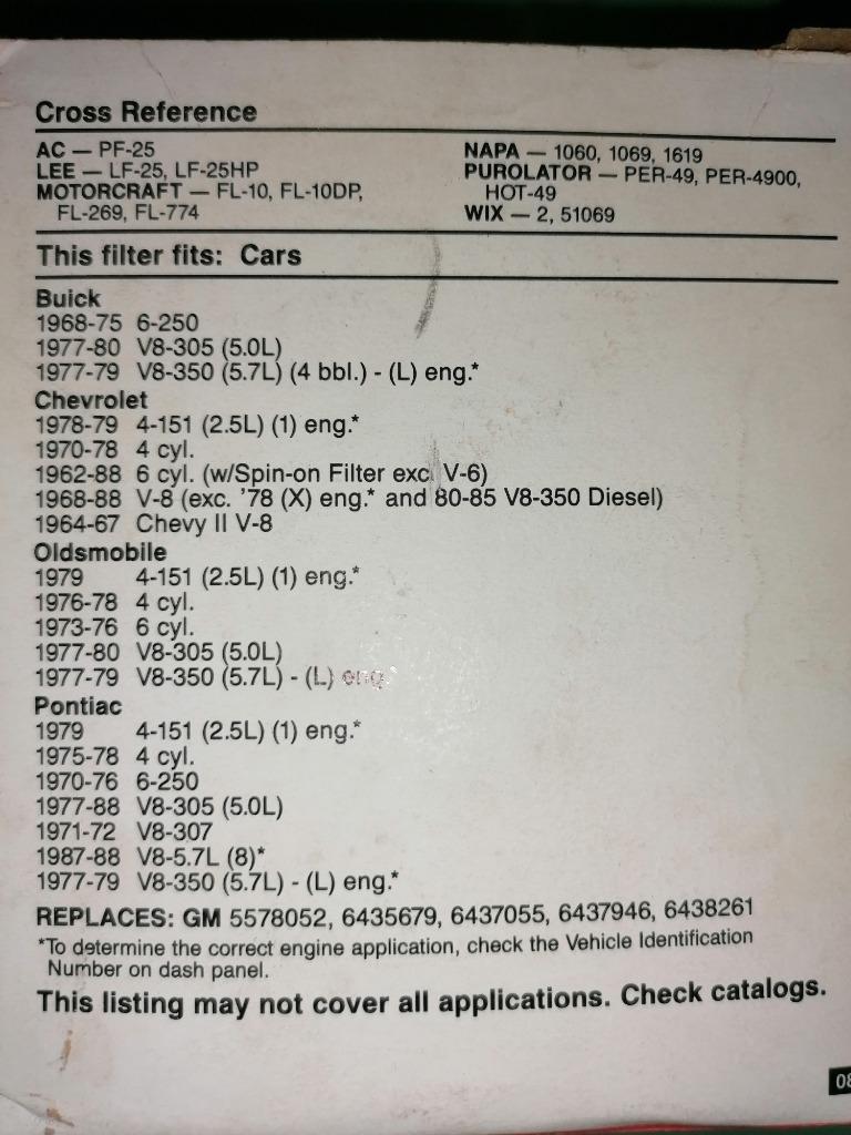 6 oliefilters buick chevrolet pontiac oldsmobile cadillac ph, Ophalen of Verzenden, Nieuw, Overige automerken