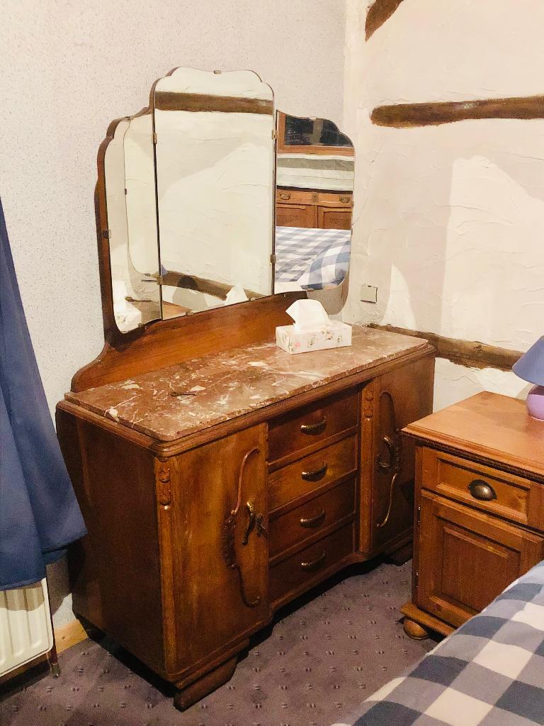 Toilettafel commode art deco met rood marmer en spiegel, Huis en Inrichting, Ophalen, 100 tot 150 cm, Art deco, Eikenhout