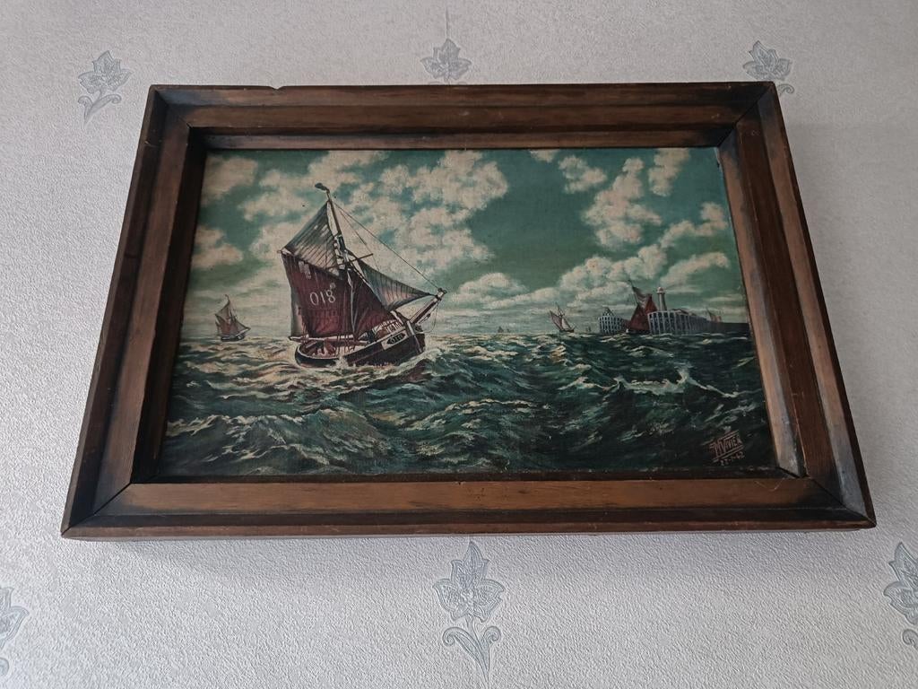 Schilderij op doek zeilboten 1942, Ophalen of Verzenden, Gebruikt, Schilderij