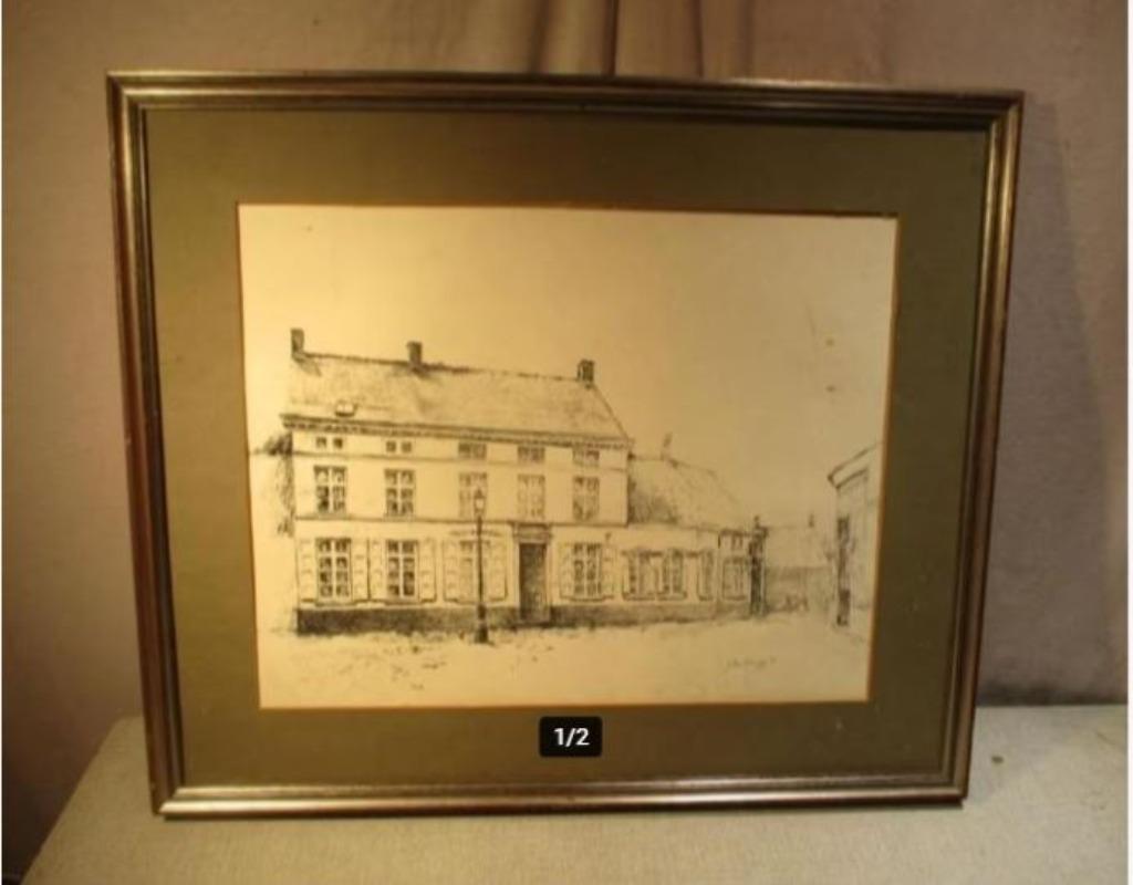 Mooie Tekening 'Oud Herenhuis op het Plein' - J Verbruggen, Ophalen of Verzenden