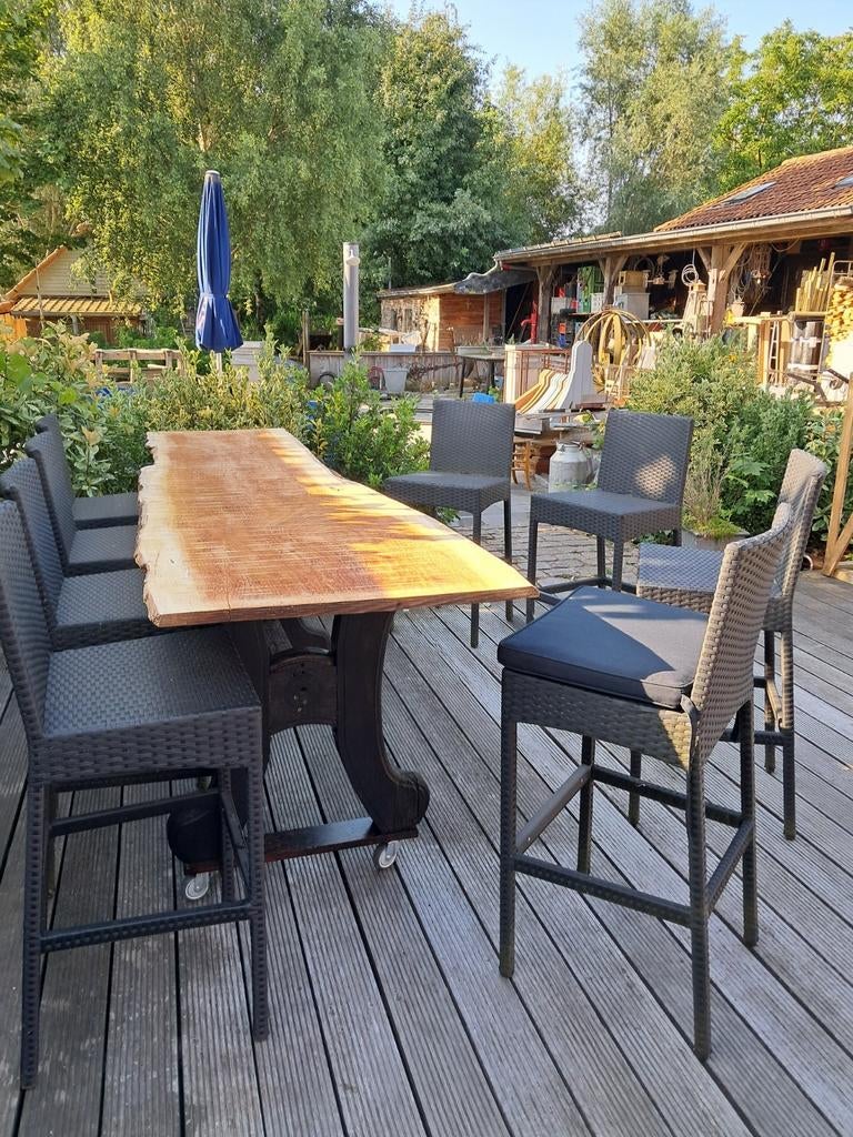 TUINSET AFRORMOSIA TAFEL EN 8 STOELEN+KUSSENS, Tuin en Terras, Tuintafels, Ophalen, Zo goed als nieuw, Rechthoekig, Hout