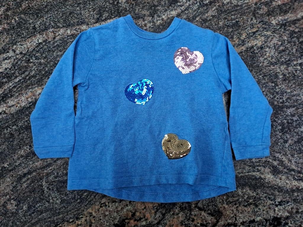 Mt 12 m Blauwe trui pailletten hartjes, Gebruikt, Ophalen of Verzenden, Petit Filou, Truitje of Vestje