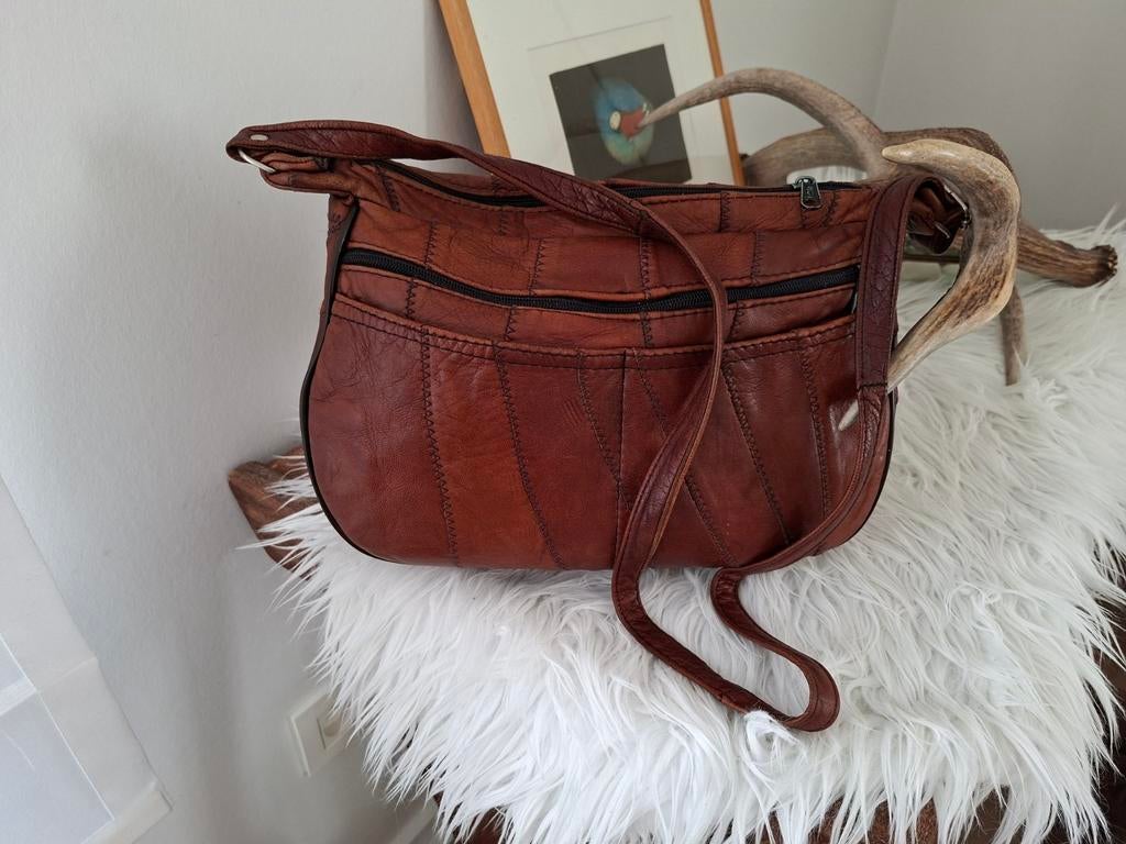 Handtas crossbody leder lapjestas bruin, Enlèvement ou Envoi, Comme neuf, Brun, Sac à main