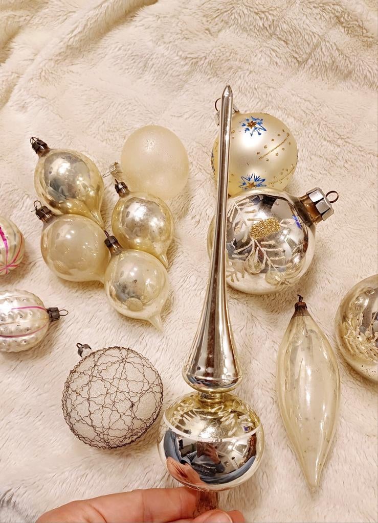 Lot oude kerstballen, piek, tinsel, parelmoer, zilver, Diversen, Ophalen of Verzenden, Zo goed als nieuw