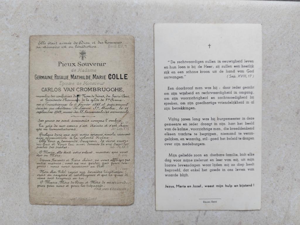 2 oude doodsprentjes : oud Burgemeester en echtgenote, Collections, Envoi