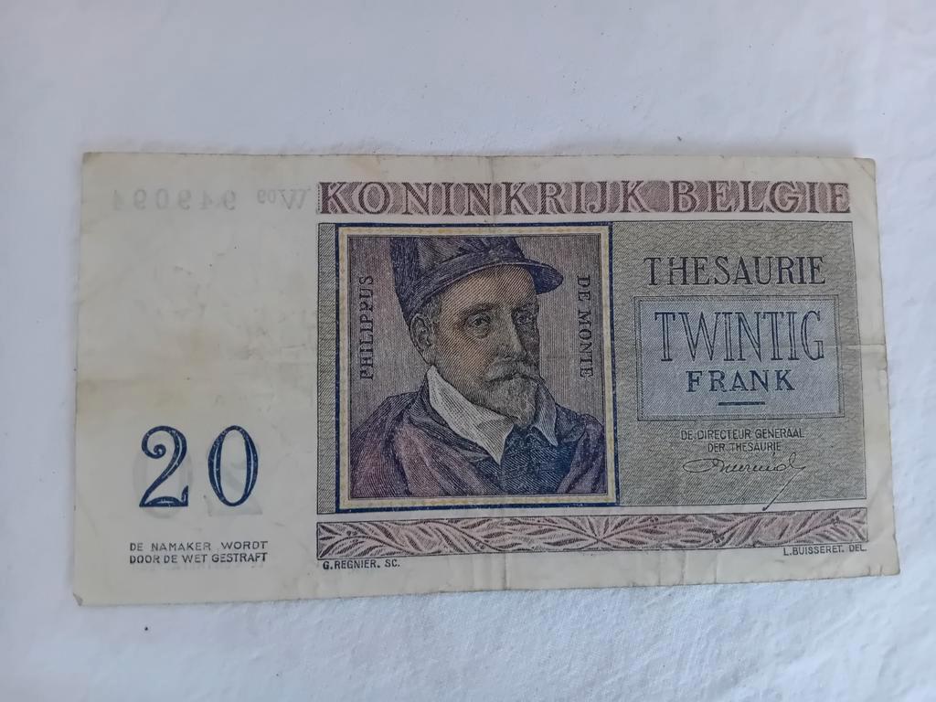 billet de 20 francs belge 1956, Timbres & Monnaies, Billets de banque | Belgique, Enlèvement ou Envoi, Billets en vrac