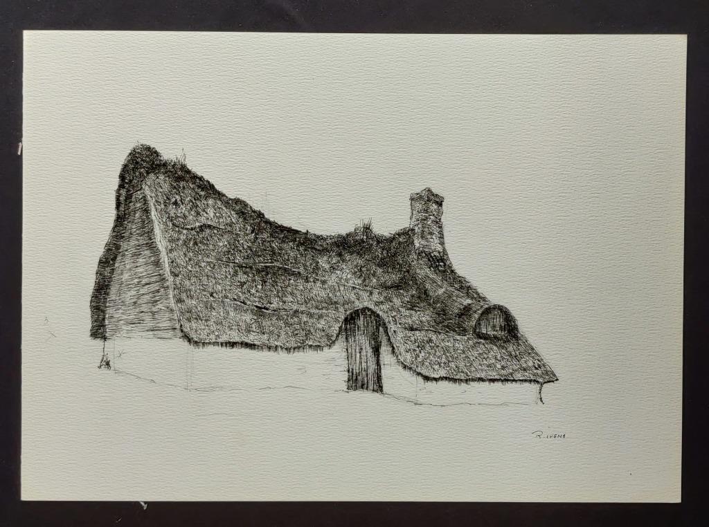 R. Ivens - tekening - lemen huis met strodak, Ophalen of Verzenden