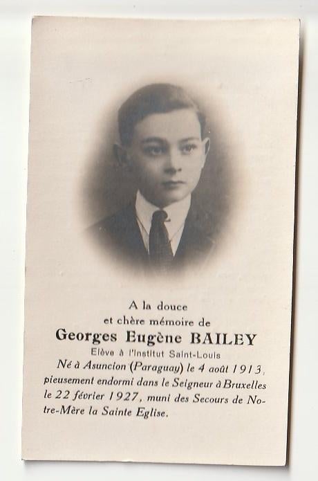 Eugène BAILEY Paraguay 1913 Bruxelles 1927 enfant Photo, Envoi, Image pieuse