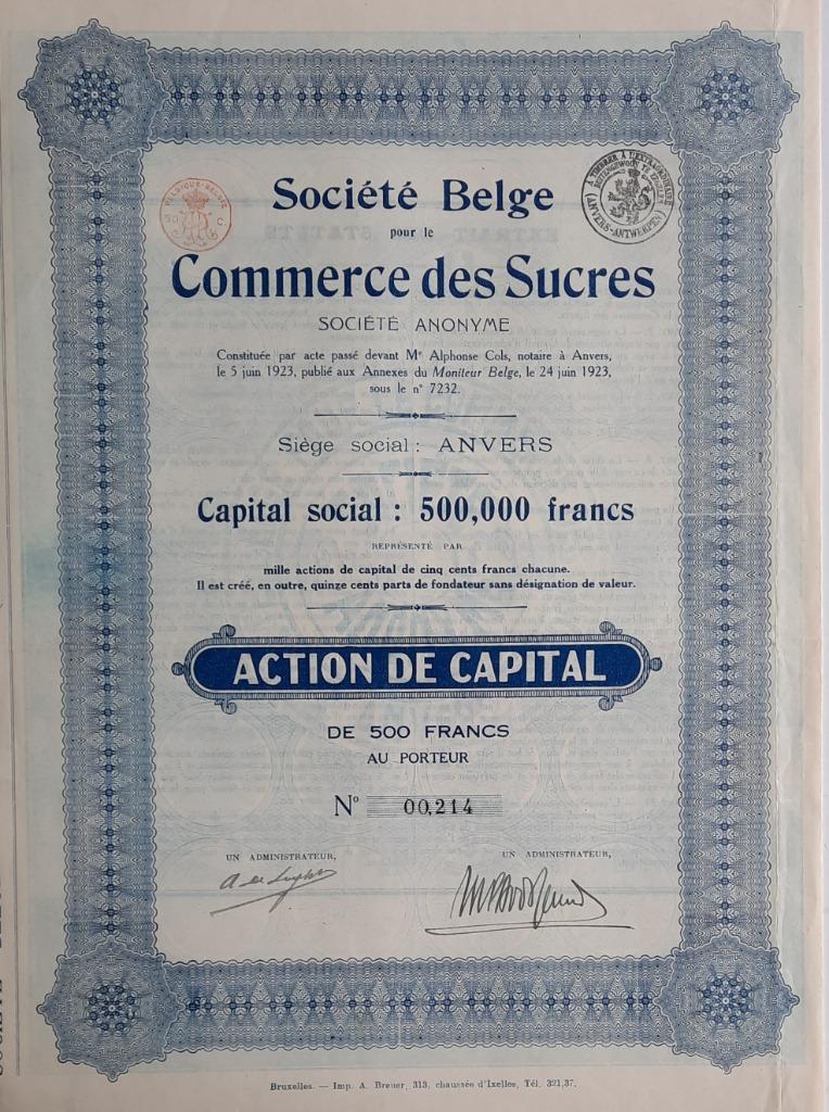 Société Belge pour le Commerce des Sucres - Anvers - action, Timbres & Monnaies, Actions & Titres, Enlèvement ou Envoi, 1920 à 1950