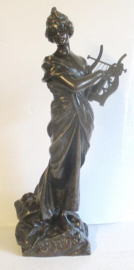 originele brons jonge dame met harp Sapho Villanis, Antiek en Kunst, Verzenden, Brons