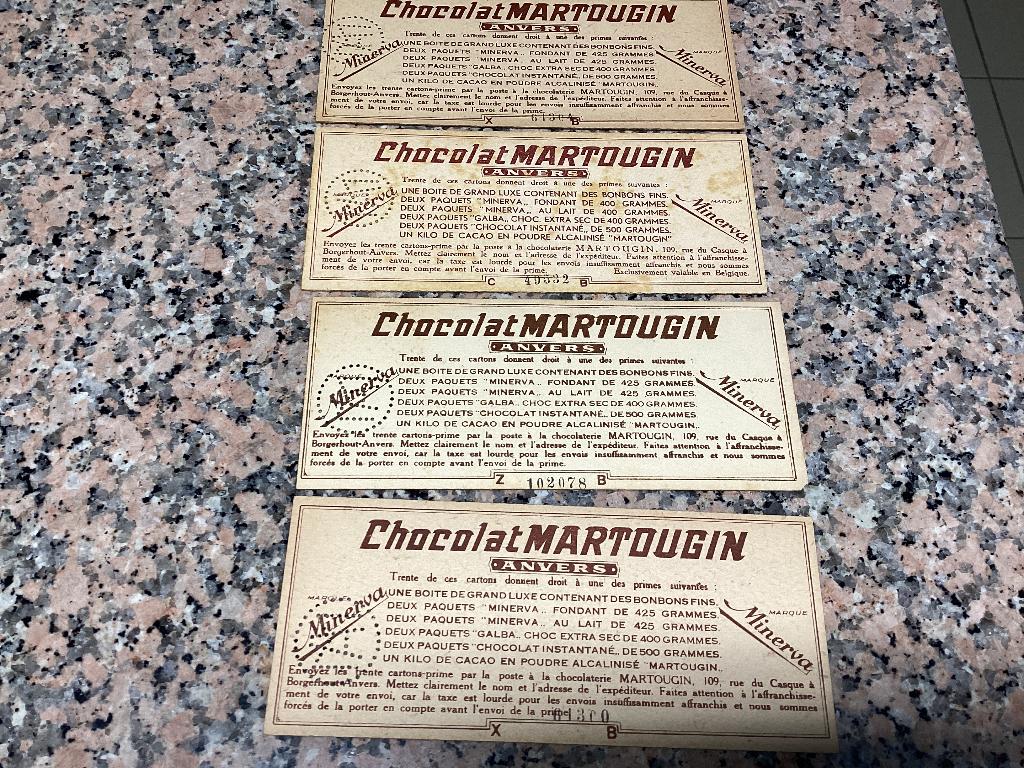 Lot van 4 oude waardebonnen Chocolade MARTOUGIN Antwerpen, Ophalen of Verzenden, Gebruikt, Overige typen