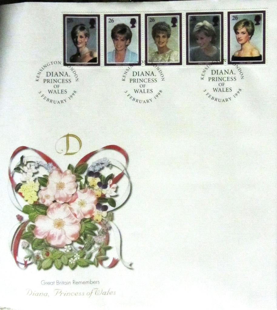 PRACHTIGE GROTE FDC MET DE VOLLEDIGE REEKS VAN PRINSES DIANA, Ophalen of Verzenden, Gestempeld, Koningshuis