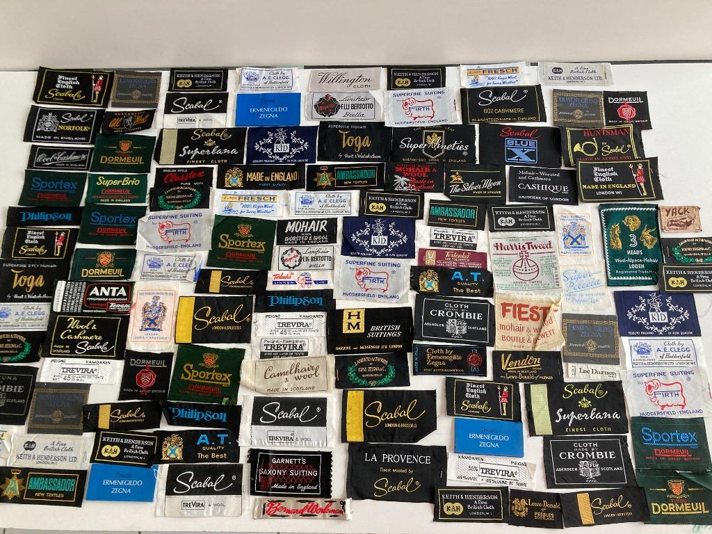 Lot vintage kledinglabels ( Scabal, A.E.Clegg, Dormeuil, ..., Ophalen of Verzenden, Zo goed als nieuw, Overige typen