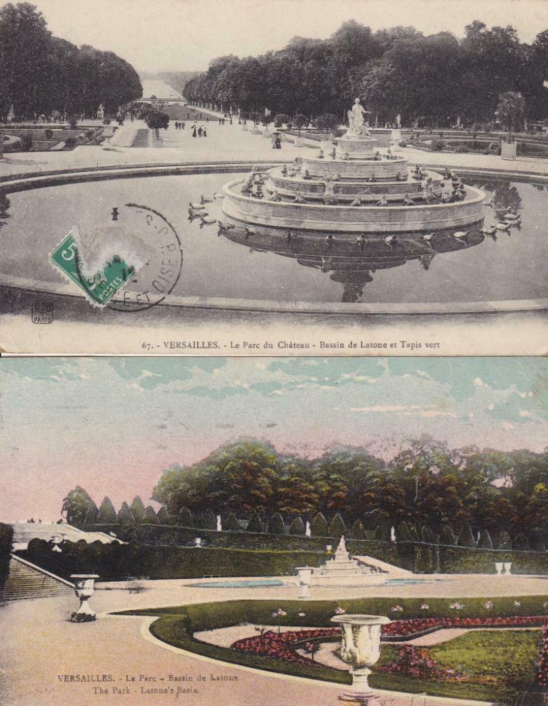 2 CP Parc Château Versailles dont 1 CP animee bassin Latone, Ophalen of Verzenden, Voor 1920, Gelopen, Frankrijk