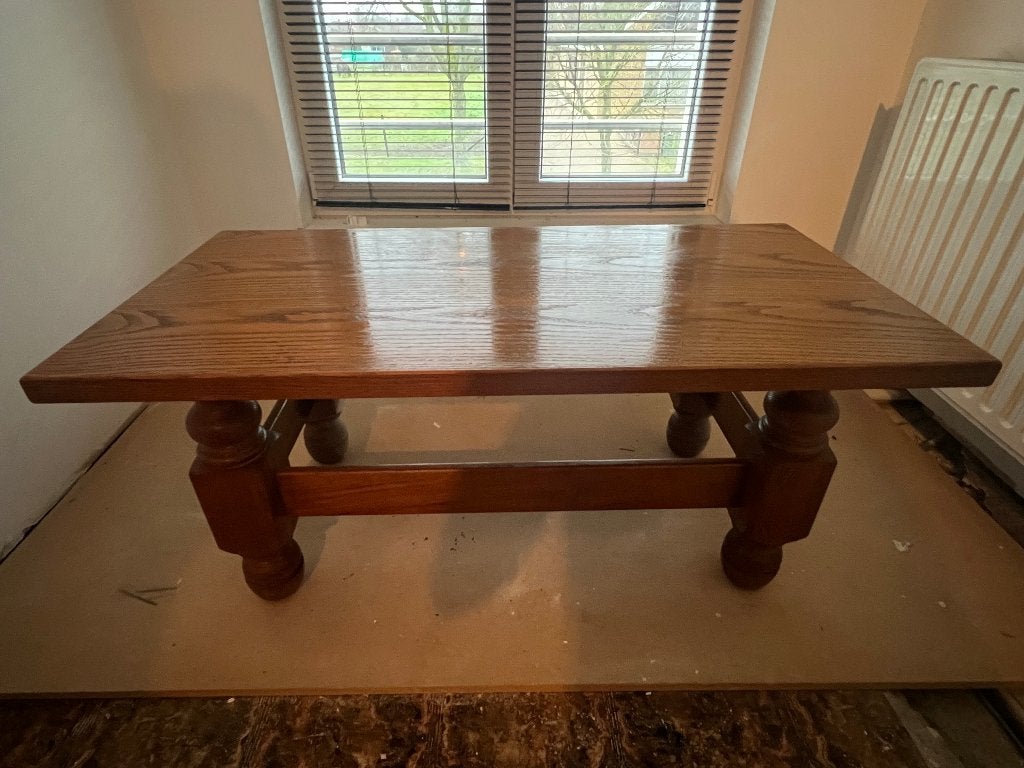 Stevige, massief eiken salontafel, Ophalen, Gebruikt, 100 tot 150 cm, Eikenhout