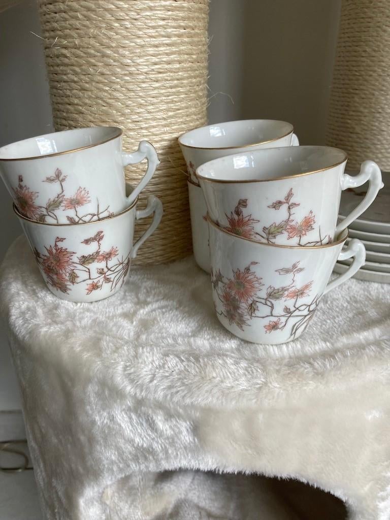 Antieke kopjes met schotels DFB Baudour – set van 6, Enlèvement ou Envoi, Vintage, Utilisé, Porcelaine