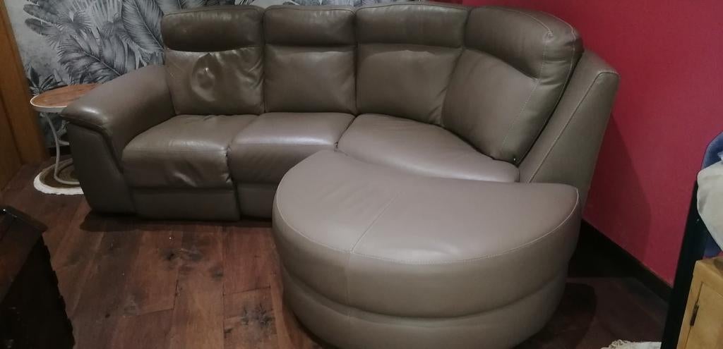 Salon d'angle en cuir avec relax électrique+pouf, Enlèvement, Bois