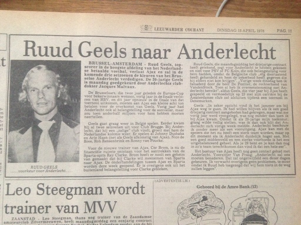 Voetbal. Ruud Geels gaat naar Anderlecht (1978), Collections, Revues, Journaux & Coupures, Enlèvement ou Envoi, Coupure(s)