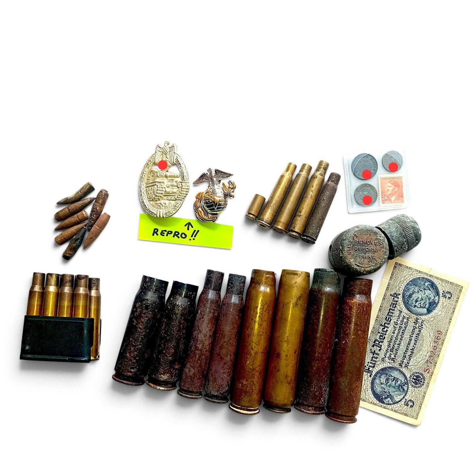 WO2 Militaria Lot Zware Hulzen Garand Clip Biljet Badges, Ophalen of Verzenden, Landmacht, Hulzen of Bodemvondsten