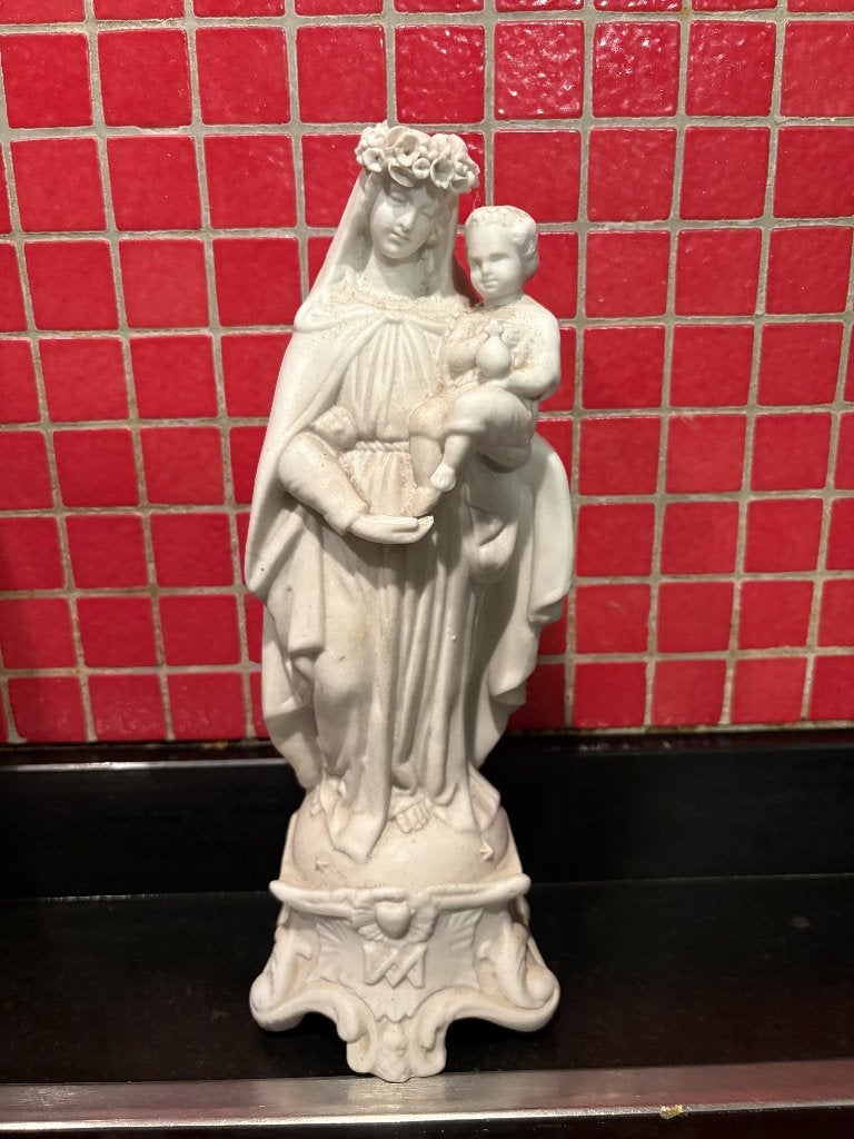 Vintage biscuit beeldje Maria met Kind, Verzamelen, Beelden en Beeldjes, Zo goed als nieuw, Religie, Ophalen