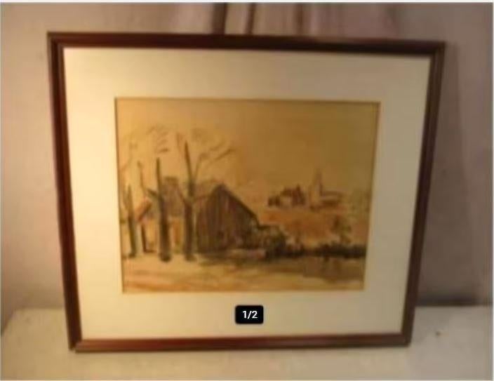 Aquarelle magnifiquement peinte « Ferme près du village », Enlèvement ou Envoi