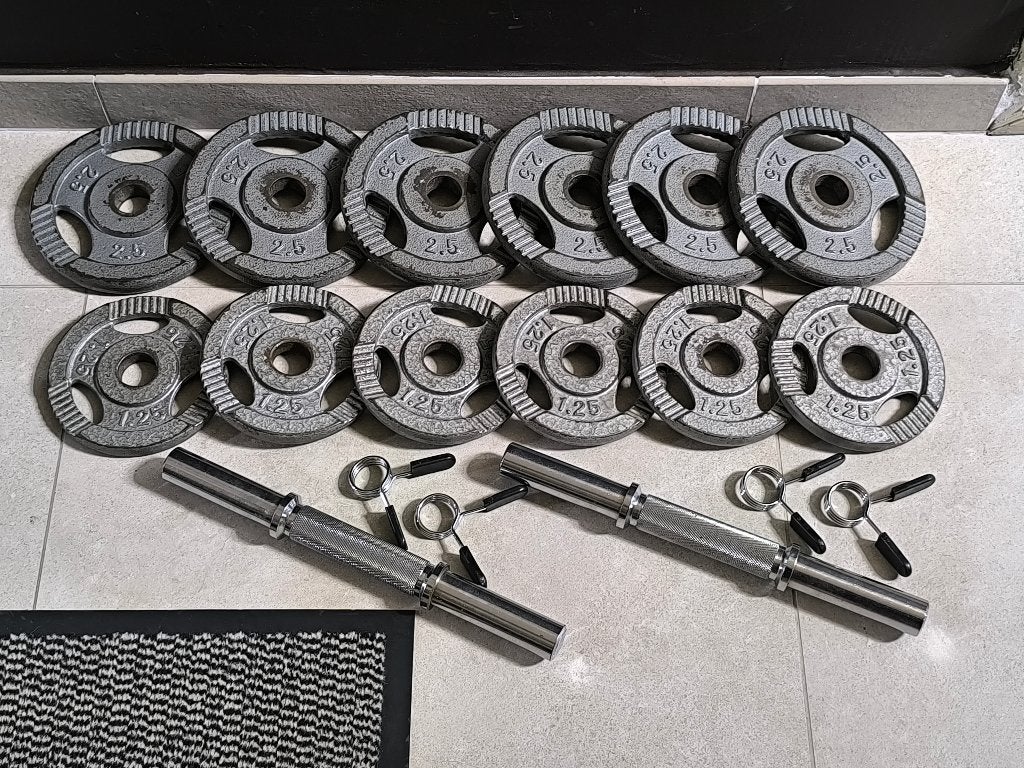 26kg Halterset met grijze gewichten (30mm), Sport en Fitness, Ophalen, Gebruikt, Benen, Halterset